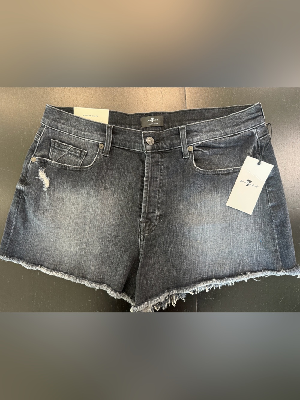 7 For All Mankind Black Washed Distressed Denim Shorts